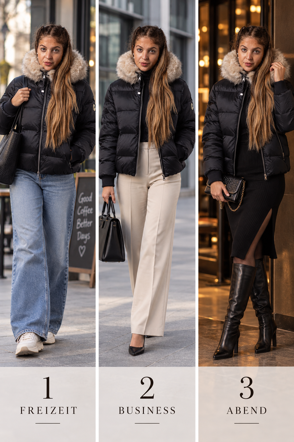 Drei Styling-Ideen für Bomberjacke SCOTTIA mit Fellkapuze: Freizeit, Business und Abend