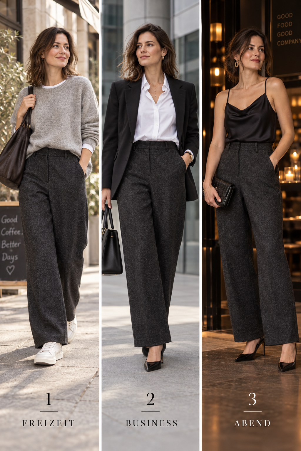 Drei Styling-Ideen für Flanell-Hose mit Bügelfalten und Paspeltaschen: Freizeit, Business und Abend