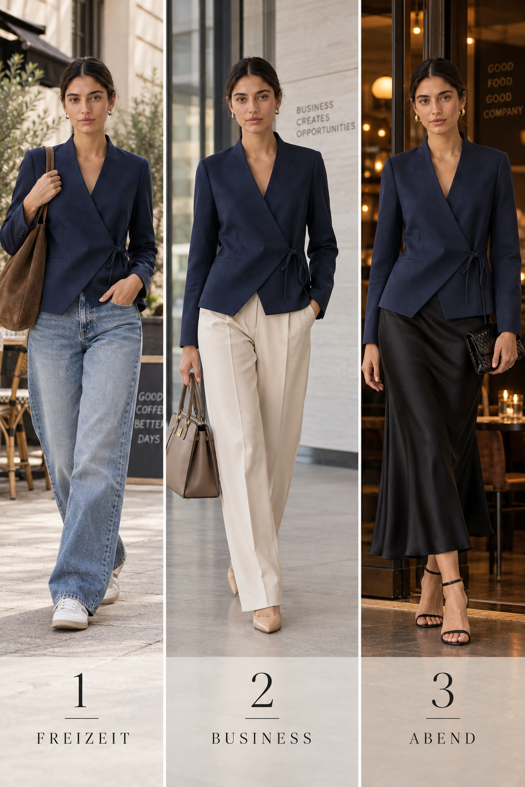 Drei Styling-Ideen für Blazer Jade: Freizeit, Business und Abend