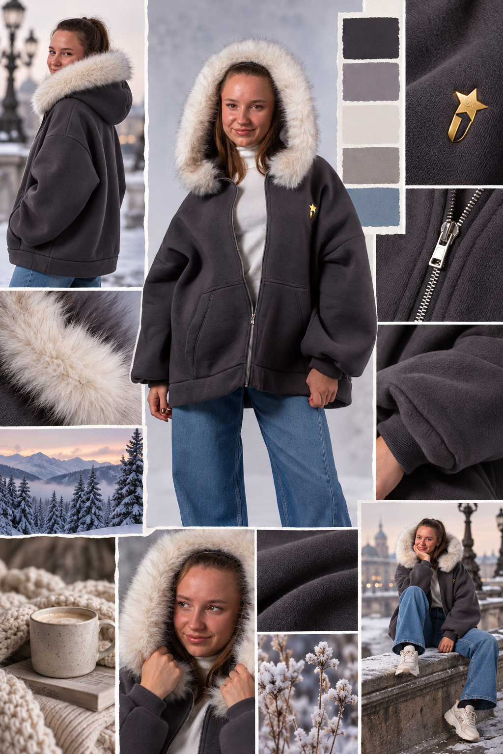 Moodboard - Inspiration für Edel-Sweatjacke mit Kunstfellkapuze