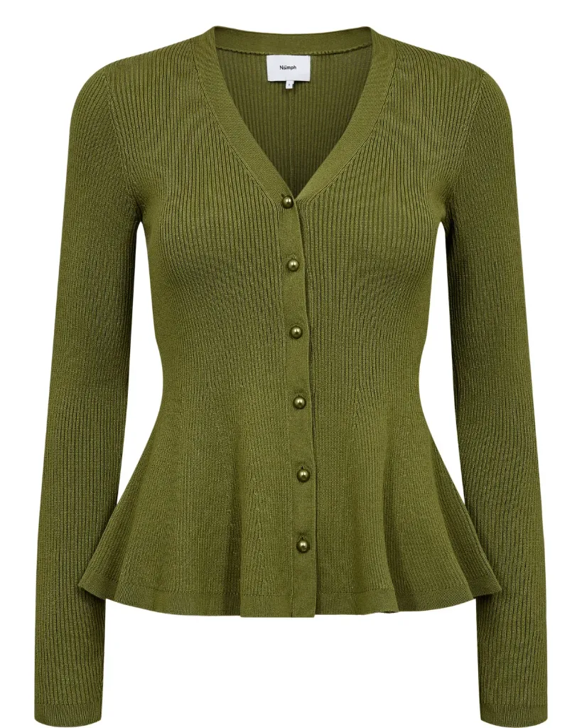 [P3502_707322_BG-XS] NUSIRA Feinstrick-Cardigan mit Schößchen in Olivgrün (Beige, XS)