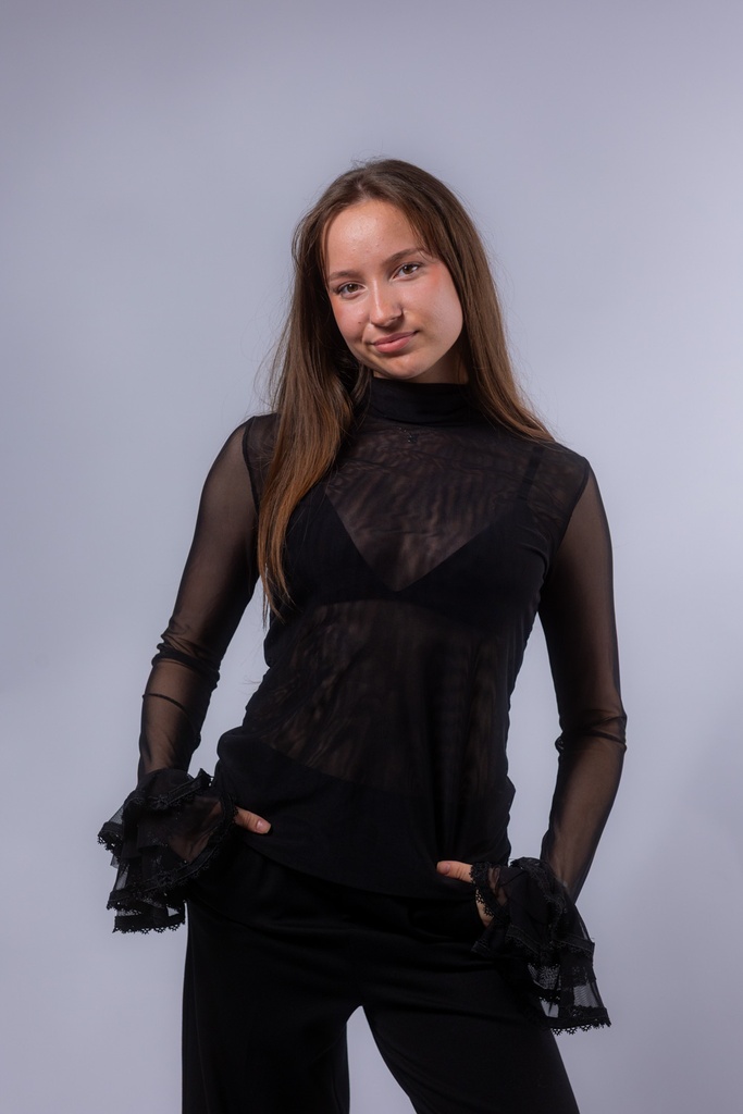 [P3517_4326013_SW-S] Mesh-Shirt mit Rüschenärmeln (Schwarz, S)