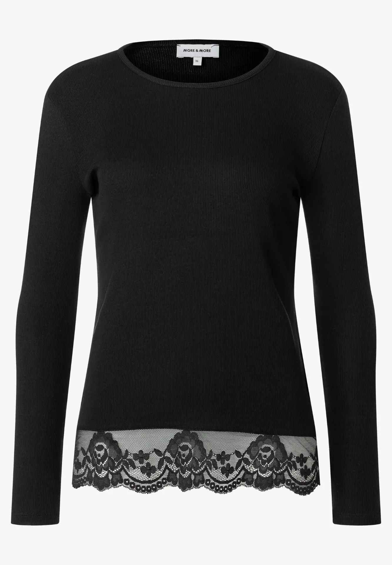 [P3560_30082_SW-36] Langarm T-Shirt mit Spitzensaum (Schwarz, 36)