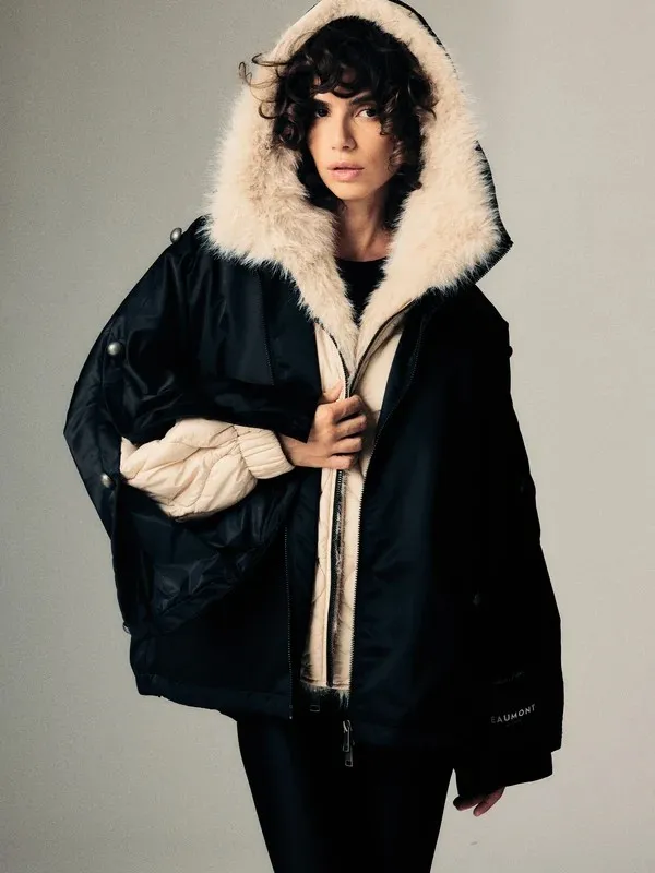 [P3567_Vika_SW-S] Oversized Parka mit Fellkapuze (S)