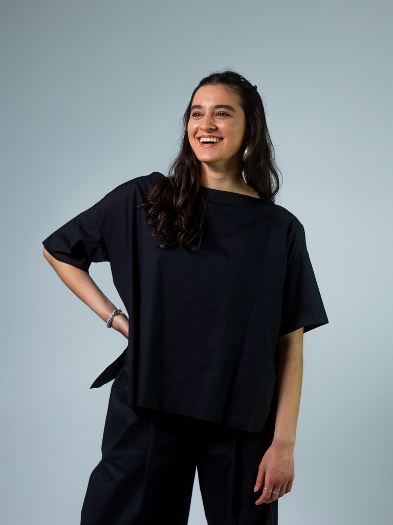 [10113_SW-S] Bluse mit Faltenoptik (Schwarz, S)